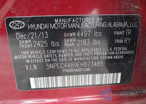 2014 Hyundai Sonata Se 2.0T z USA, uszkodzony, nr VIN 5NPEC4AB9EH873485